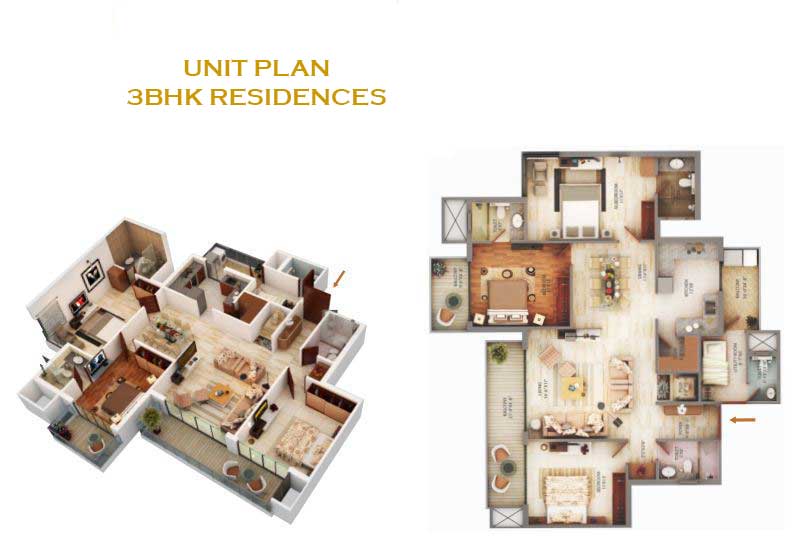 3 BHK floor plan perspective view